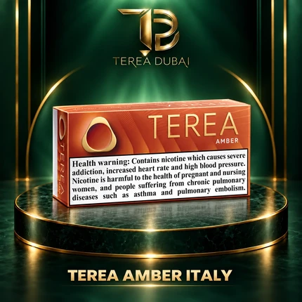 TEREA Amber Italy pack on TEREA Dubai gold-green podium with clear nicotine health warning