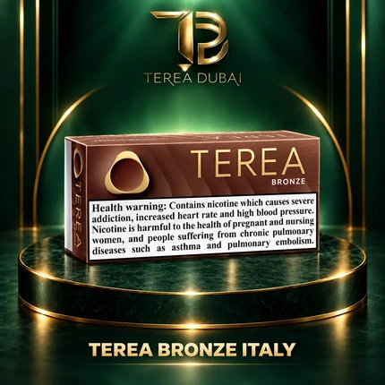 TEREA Bronze Italy pack on TEREA Dubai gold-green podium with clear nicotine health warning
