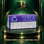 TEREA Purple Wave Menthol Italy pack on TEREA Dubai gold-green podium with clear nicotine health warning