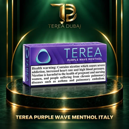 TEREA Purple Wave Menthol Italy pack on TEREA Dubai gold-green podium with clear nicotine health warning