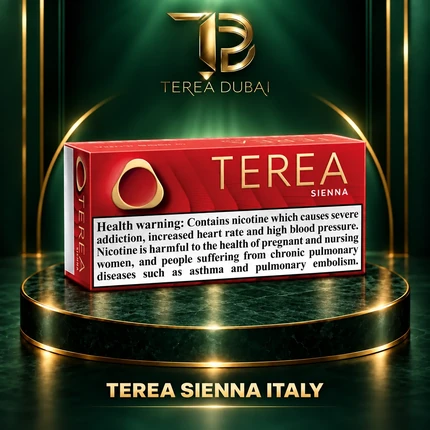 TEREA Sienna Italy pack on TEREA Dubai gold-green podium with clear nicotine health warning