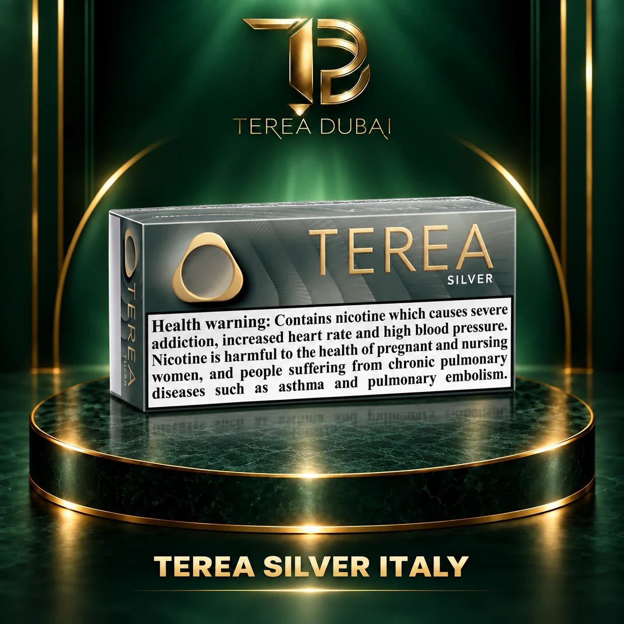 terea-silver-italy-premium-clear-warning TEREA Silver Italy pack on TEREA Dubai gold-green podium with clear nicotine health warning