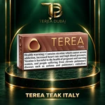 TEREA Teak Italy pack on TEREA Dubai gold-green podium with clear nicotine health warning