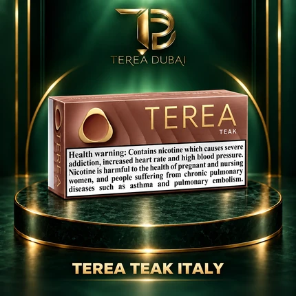 TEREA Teak Italy pack on TEREA Dubai gold-green podium with clear nicotine health warning
