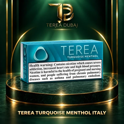 TEREA Turquoise Menthol Italy pack on TEREA Dubai gold-green podium with clear nicotine health warning