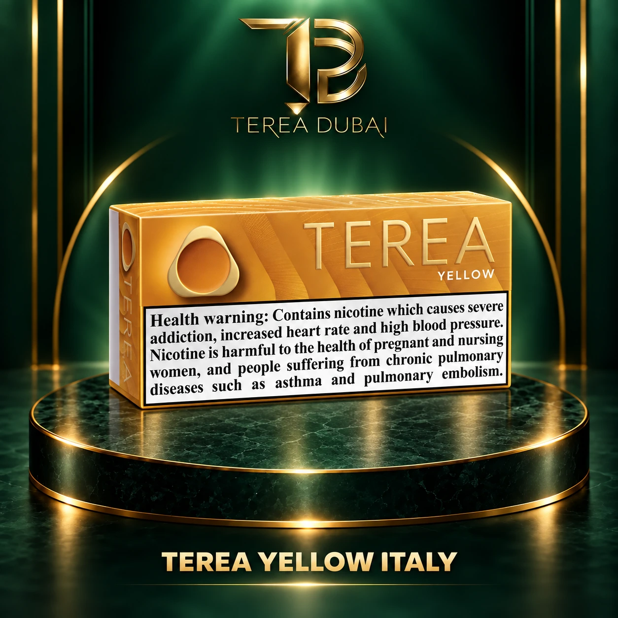 terea-yellow-italy-premium-clear-warning TEREA Yellow Italy pack on TEREA Dubai green-and-gold podium with clear nicotine health warning