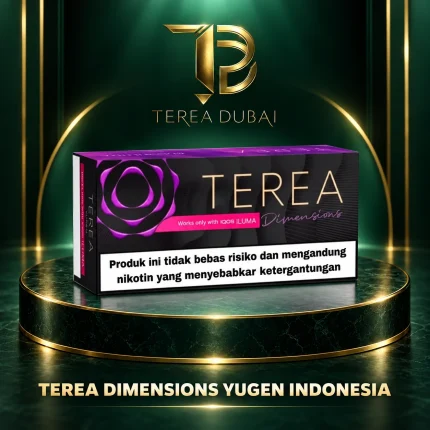 TEREA Dimensions Yugen Indonesia carton with purple swirl on TEREA Dubai green and gold display