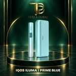 IQOS ILUMA i PRIME Blue holder and pocket charger on a TEREA Dubai green and gold display