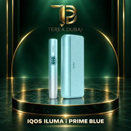 IQOS ILUMA i PRIME Blue holder and pocket charger on a TEREA Dubai green and gold display