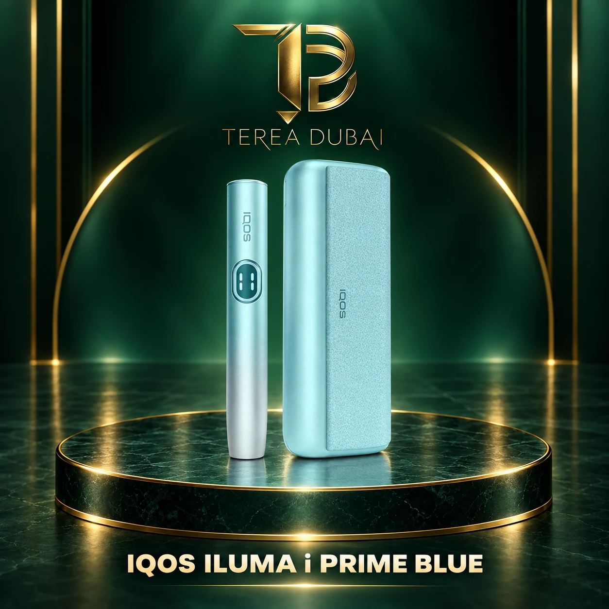 IQOS ILUMA i PRIME Blue in Dubai UAE IQOS ILUMA i PRIME Blue holder and pocket charger on a TEREA Dubai green and gold display