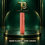 IQOS ILUMA i ONE Oasis device in a TEREA Dubai green and gold product display