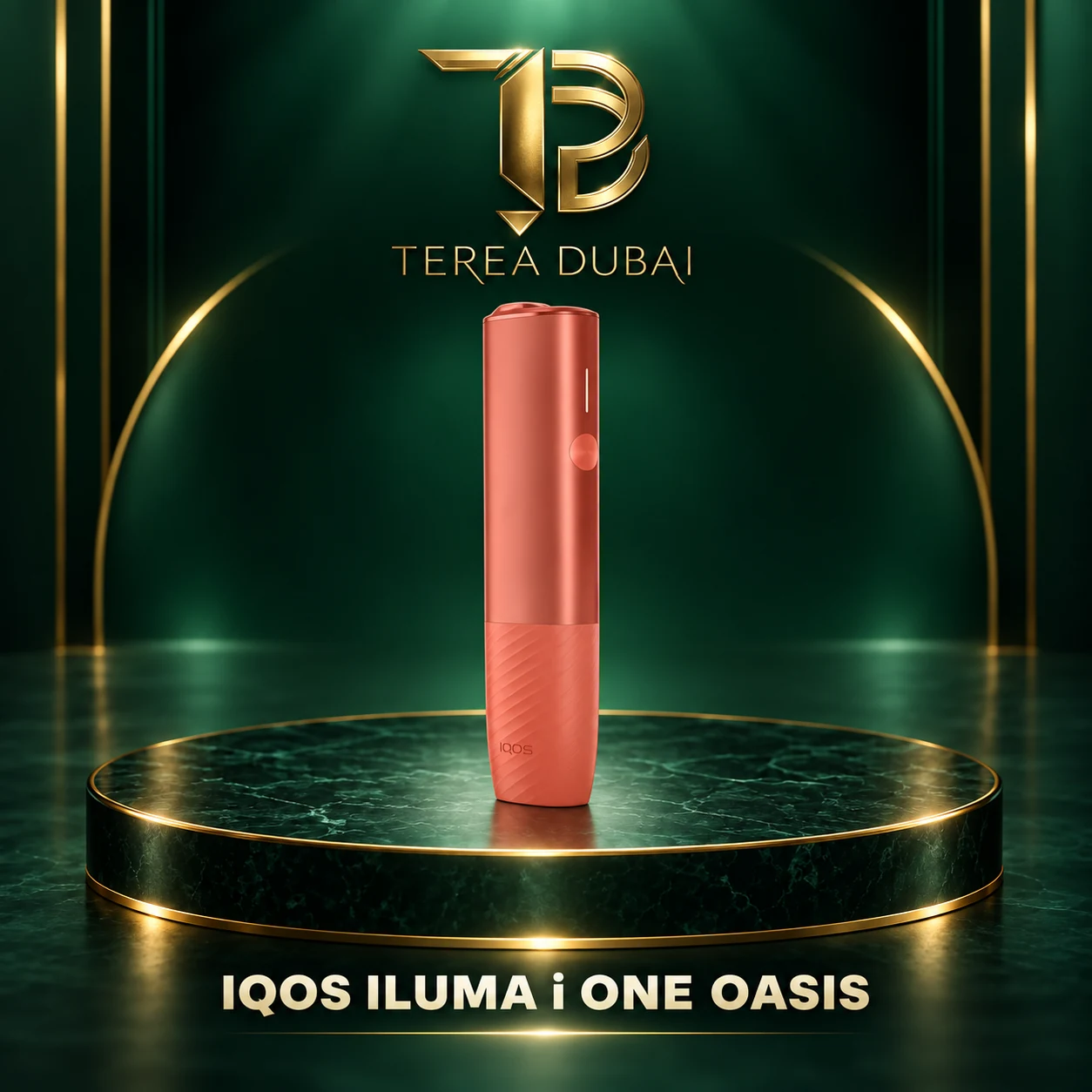 IQOS ILUMA i ONE Oasis in Dubai UAE IQOS ILUMA i ONE Oasis device in a TEREA Dubai green and gold product display