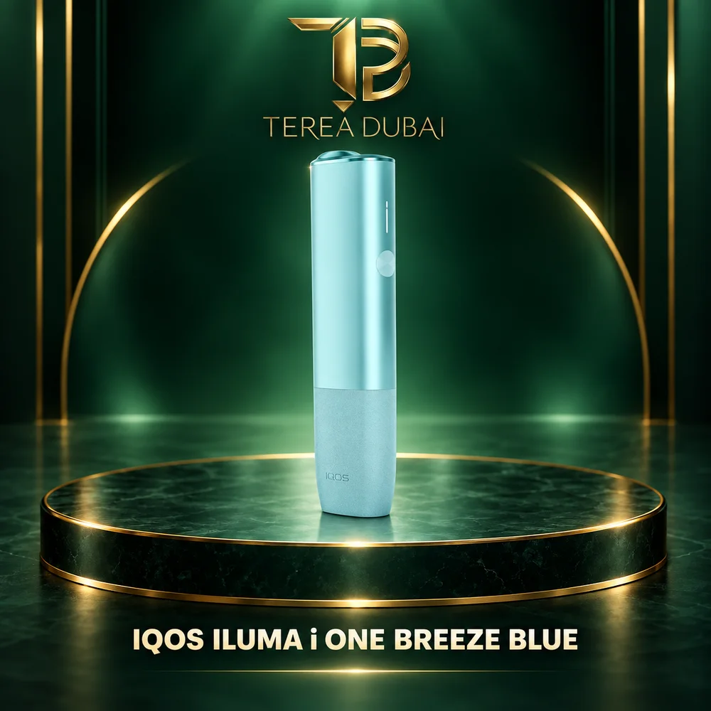 IQOS ILUMA i ONE Breeze Blue in Dubai UAE IQOS ILUMA i ONE Breeze Blue device on a TEREA Dubai green and gold display