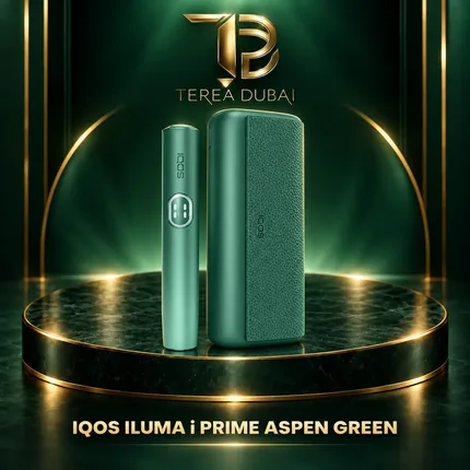 Aspen Green IQOS ILUMA i PRIME holder and textured pocket charger with TEREA Dubai branding