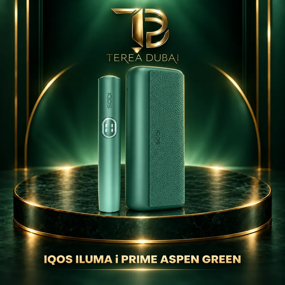 iqos-iluma-i-prime-aspen-green-dubai-uae Aspen Green IQOS ILUMA i PRIME holder and textured pocket charger with TEREA Dubai branding