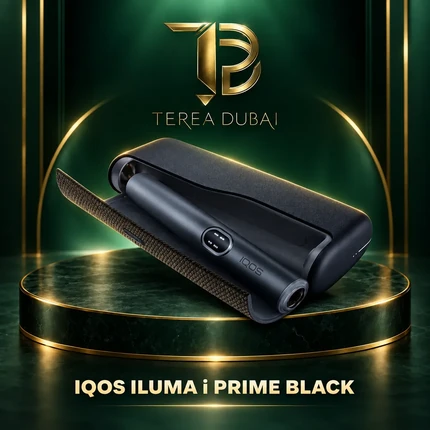 IQOS ILUMA i PRIME Black holder and pocket charger on a TEREA Dubai green and gold display