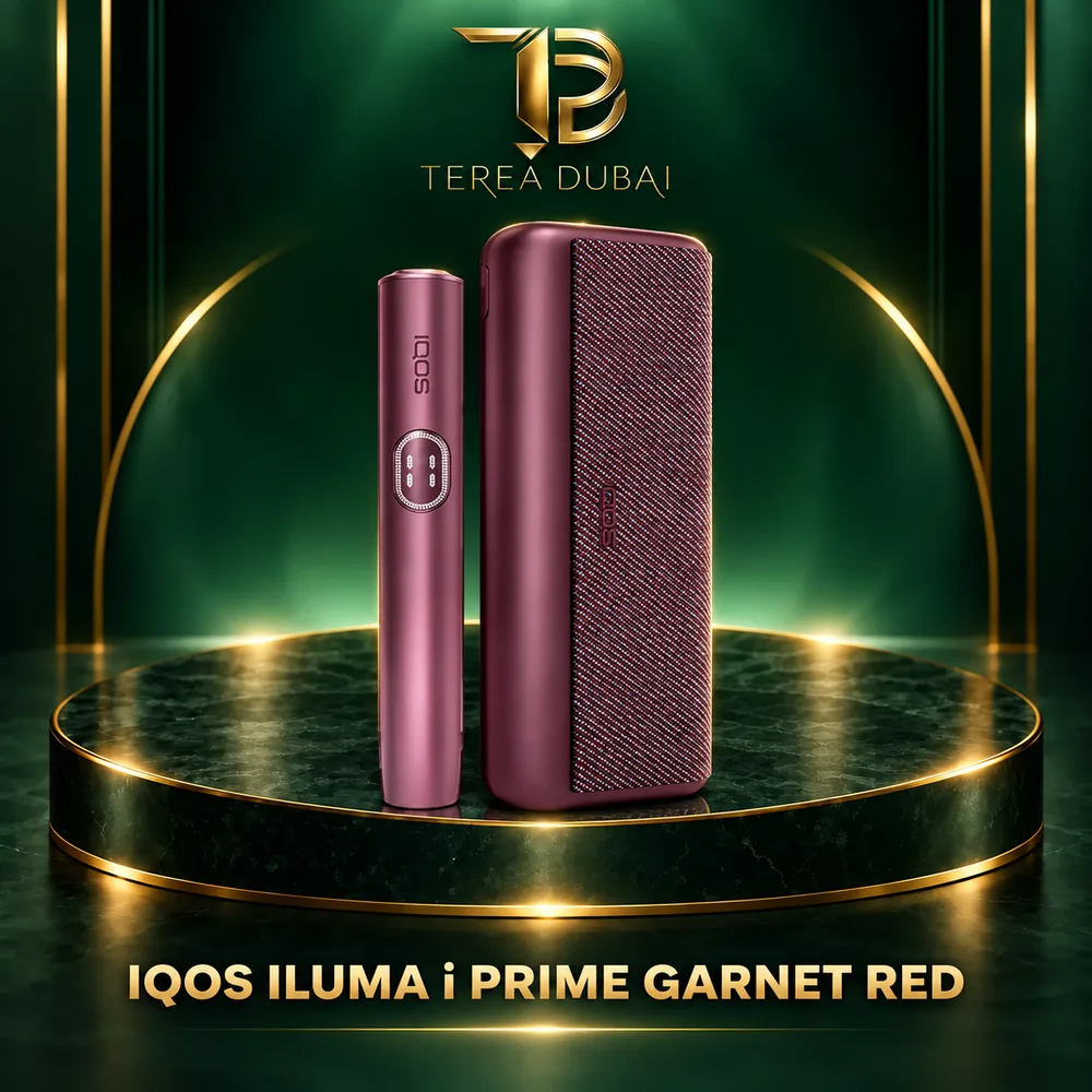 Garnet Red IQOS ILUMA i PRIME holder and textured pocket charger with TEREA Dubai branding
