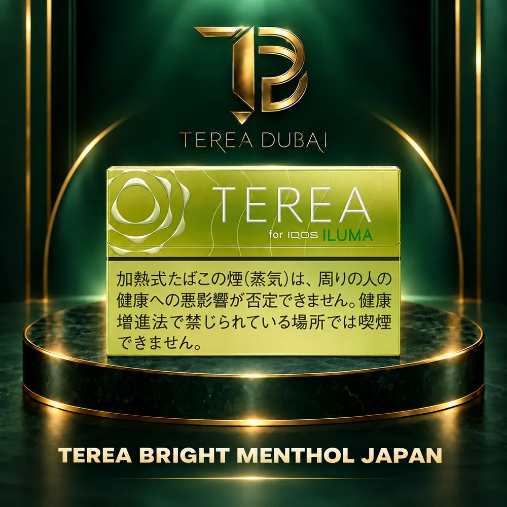 terea-bright-menthol-japan-dubai-uae TEREA Bright Menthol Japan pack for IQOS ILUMA on TEREA Dubai green and gold display