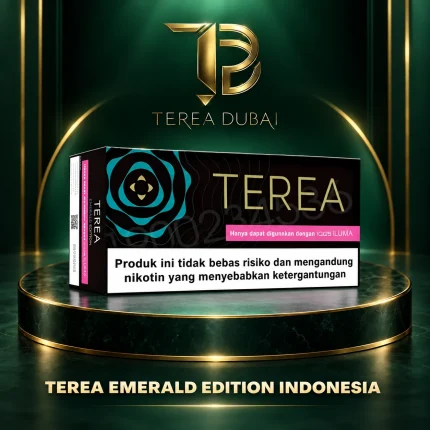 TEREA Emerald Edition Indonesia carton on a dark green and gold display, with TEREA Dubai branding