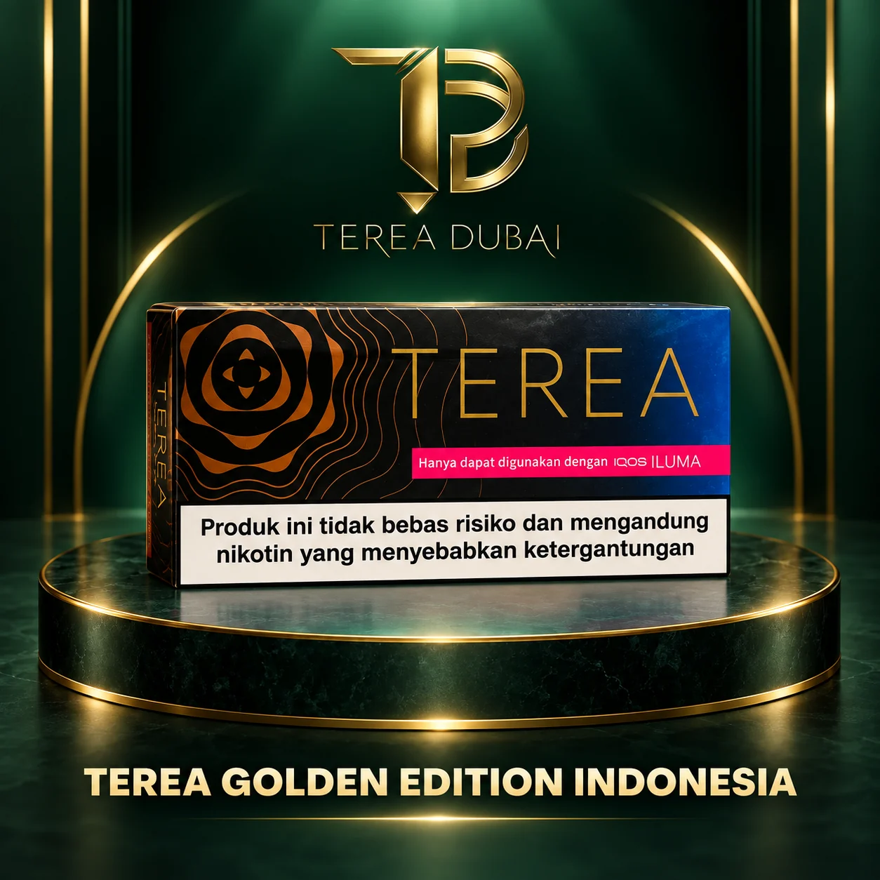 TEREA Golden Edition Indonesia – Dubai UAE TEREA Golden Edition Indonesia carton with bronze swirl and blue edge on TEREA Dubai green and gold display