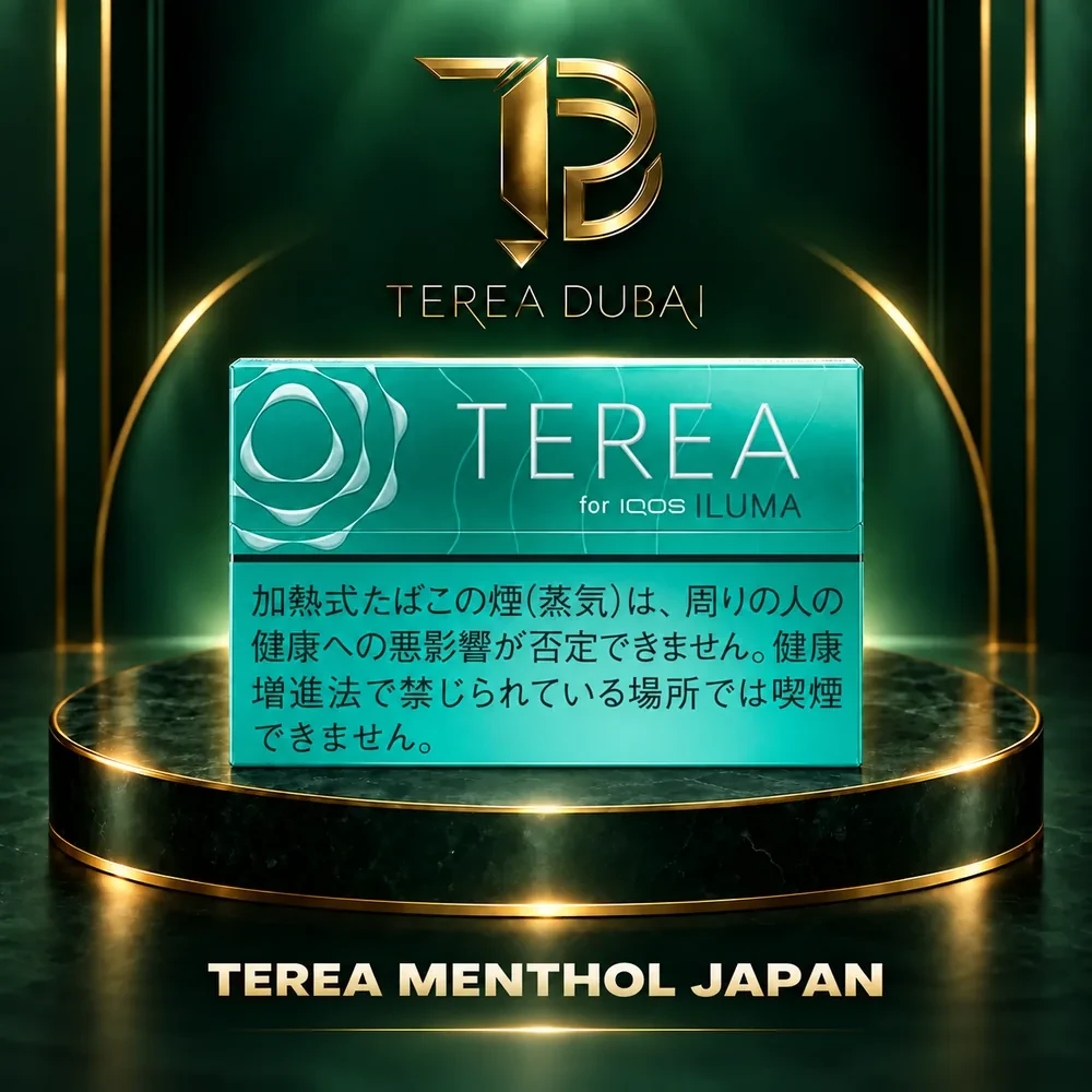 terea-menthol-japan-dubai-uae TEREA Menthol Japan pack for IQOS ILUMA on TEREA Dubai green and gold display