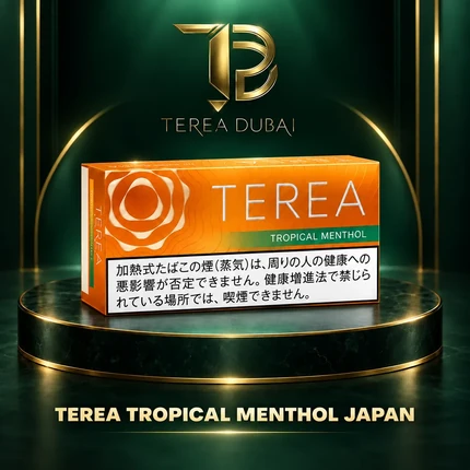 Orange TEREA Tropical Menthol Japan pack for IQOS ILUMA on TEREA Dubai gold-and-green podium