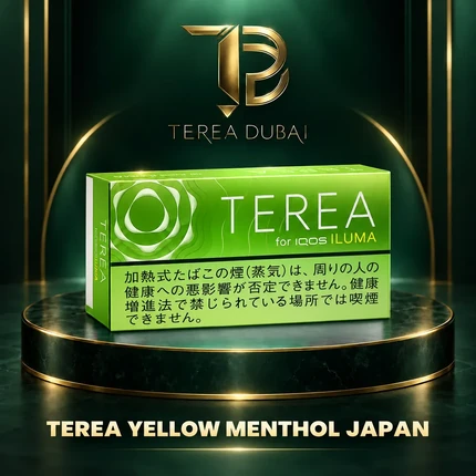 Lime-green TEREA Yellow Menthol Japan pack for IQOS ILUMA with TEREA Dubai logo