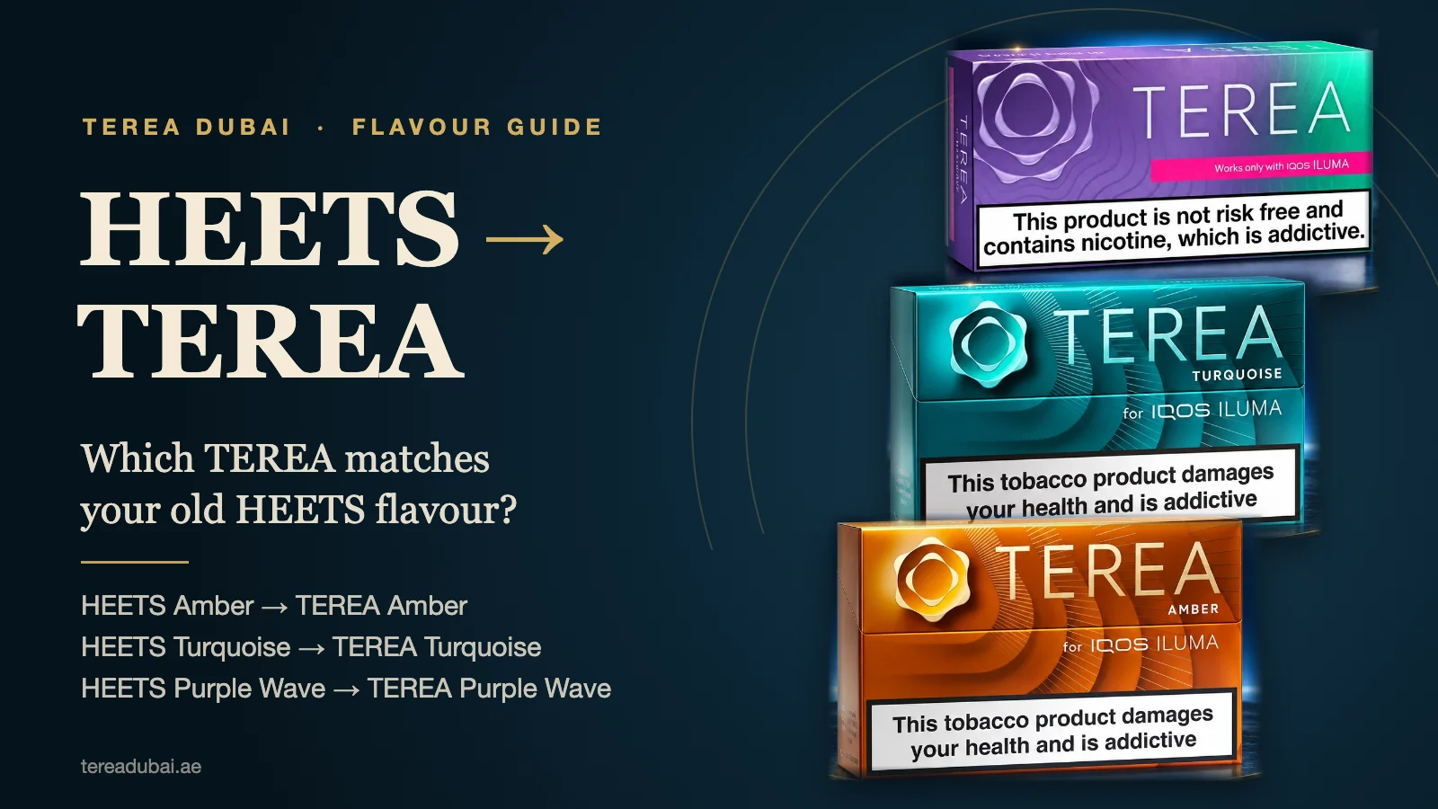TEREA Amber, Turquoise and Purple Wave packs for IQOS ILUMA, the TEREA matches for HEETS Amber, Turquoise and Purple Wave