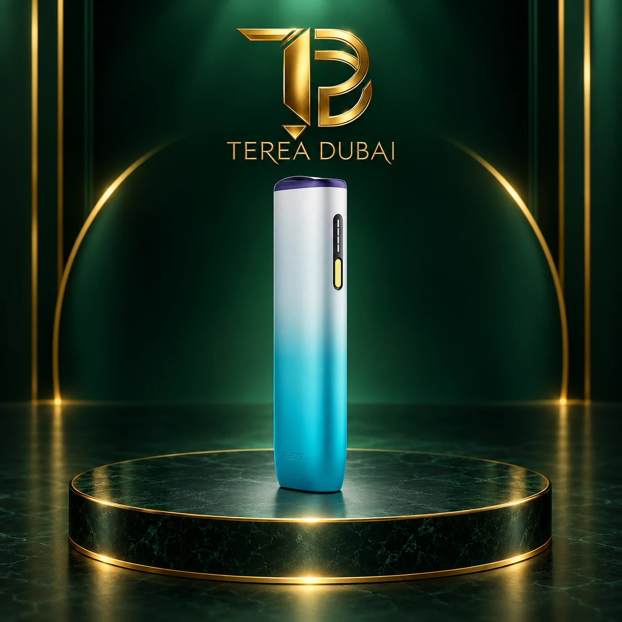 iqos-iluma-i-one-remix-terea-dubai Silver-to-turquoise IQOS ILUMA i ONE REMIX device with purple cap and yellow button below a gold TEREA Dubai logo