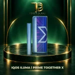 IQOS ILUMA i PRIME Together X holder and pocket charger with blue, purple and pink pattern and white X, TEREA Dubai
