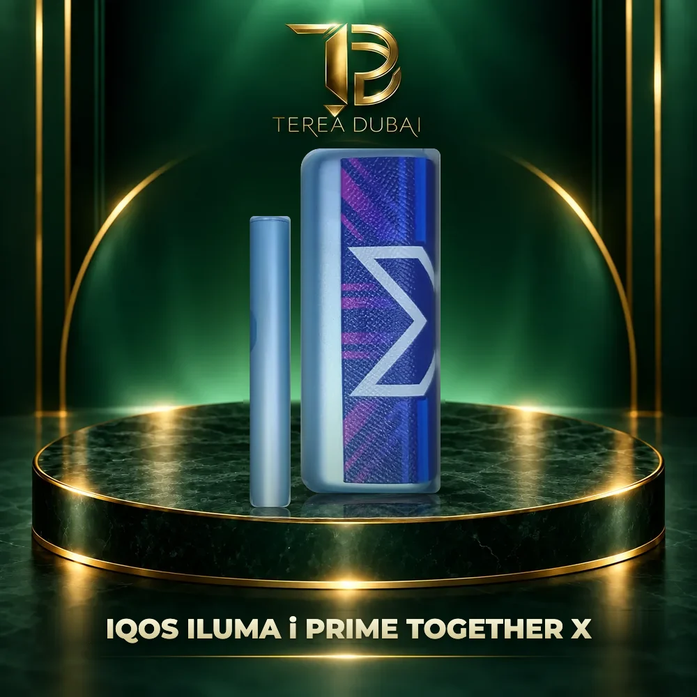 IQOS ILUMA i PRIME Together X - TEREA Dubai IQOS ILUMA i PRIME Together X holder and pocket charger with blue, purple and pink pattern and white X, TEREA Dubai