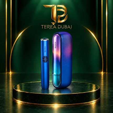 IQOS ILUMA i Standard Galaxy Blue holder and blue-purple pocket charger on a gold-rimmed podium beneath the TEREA Dubai logo