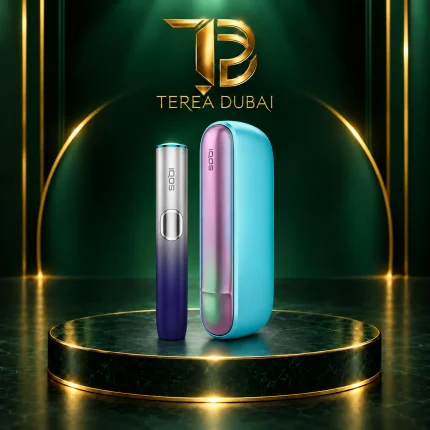 IQOS ILUMA i Standard REMIX holder and turquoise pocket charger below a gold TEREA Dubai logo on a dark green background