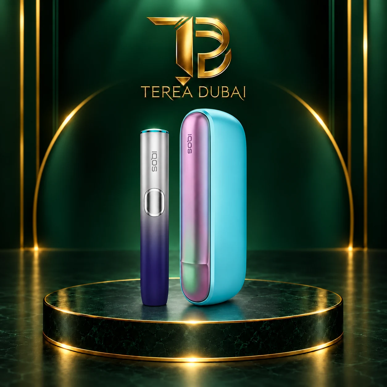 iqos-iluma-i-standard-remix-terea-dubai IQOS ILUMA i Standard REMIX holder and turquoise pocket charger below a gold TEREA Dubai logo on a dark green background