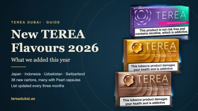 New TEREA flavours added at TEREA Dubai in 2026, shown with TEREA Purple Wave, Yellow and Teak Switzerland packs