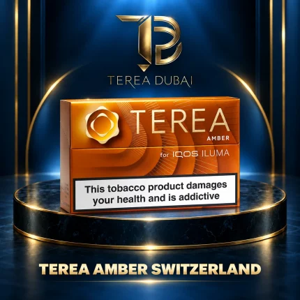 Illustrative TEREA Amber Switzerland package graphic with health warning