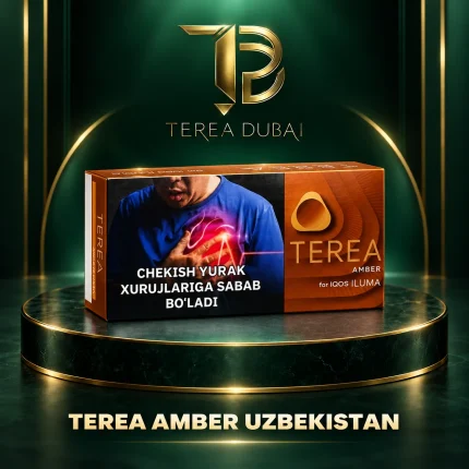 TEREA Amber Uzbekistan carton for IQOS ILUMA, shown with TEREA Dubai branding on a dark green and gold background