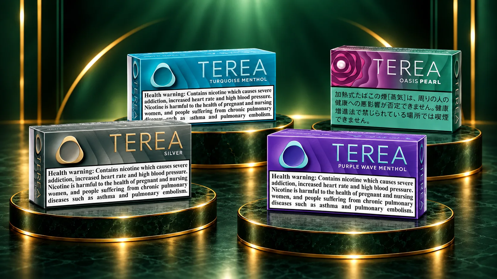 Illustrative collage of TEREA Silver Italy, Turquoise Italy, Purple Wave Italy and Oasis Pearl Japan product listings
