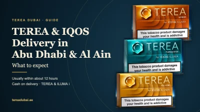 TEREA Amber, Turquoise and Yellow packs beside the title TEREA and IQOS delivery in Abu Dhabi and Al Ain
