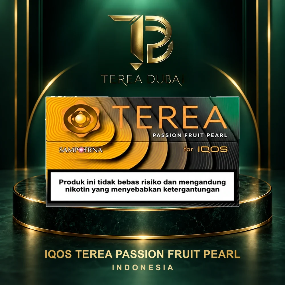 IQOS TEREA Passion Fruit Pearl Indonesia – 10-Pack Carton store frame TEREA Passion Fruit Pearl Indonesia pack front supplied by TEREA Dubai in a branded frame