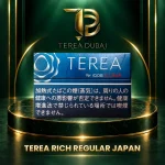 TEREA Rich Regular Japan carton for IQOS ILUMA on a green and gold stage - Dubai, UAE