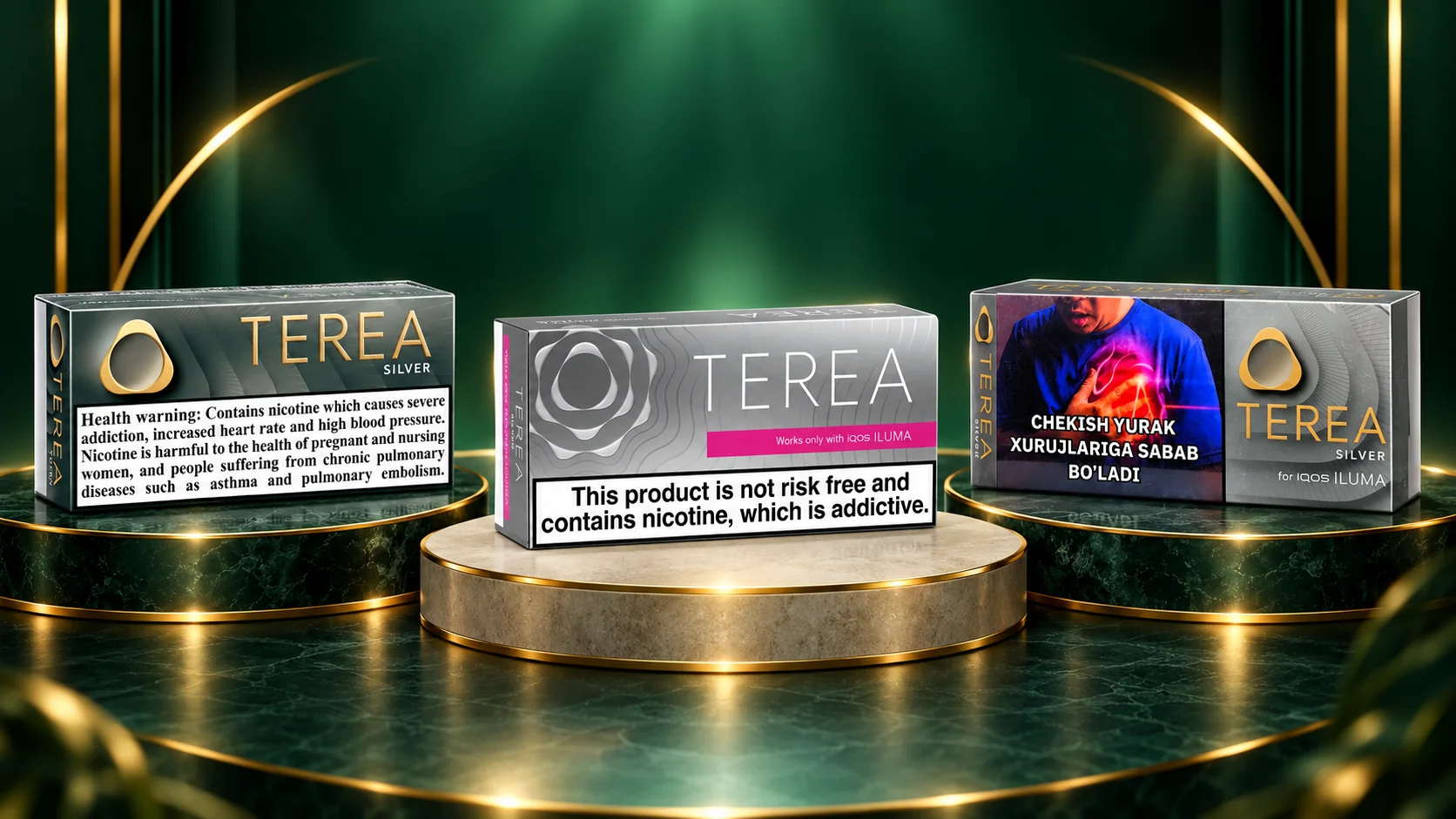 TEREA Silver Italy, Switzerland and Uzbekistan product cartons shown side by side