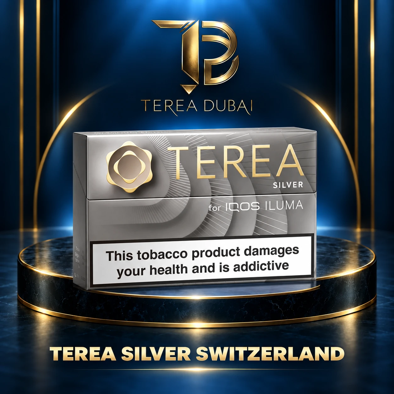TEREA Silver Switzerland illustrative product graphic Illustrative TEREA Silver Switzerland package graphic with health warning