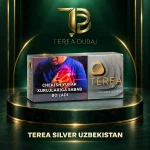 TEREA Silver Uzbekistan carton for IQOS ILUMA on a TEREA Dubai green and gold podium, with the printed Uzbekistan warning panel