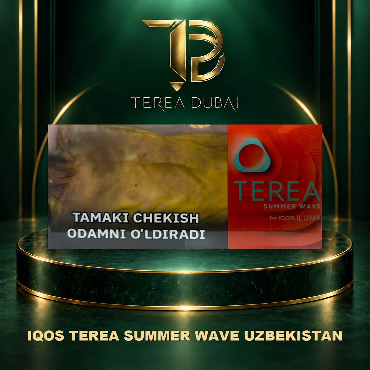 terea-summer-wave-uzbekistan-dubai TEREA Summer Wave Uzbekistan carton for IQOS ILUMA on a TEREA Dubai branded green and gold background