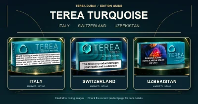 Illustrative TEREA Turquoise Italy, Switzerland and Uzbekistan comparison using TEREA Dubai product artwork