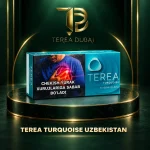 TEREA Turquoise Uzbekistan carton for IQOS ILUMA on a TEREA Dubai dark green and gold podium, with the printed Uzbekistan warning panel