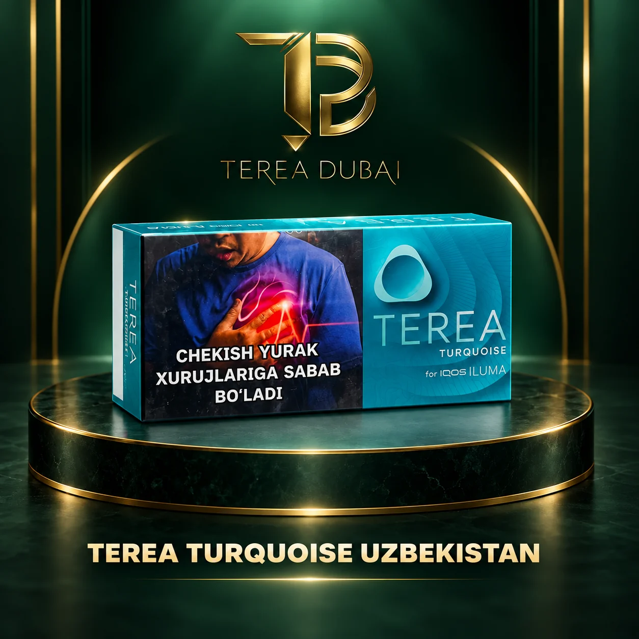 terea-turquoise-uzbekistan-dubai TEREA Turquoise Uzbekistan carton for IQOS ILUMA on a TEREA Dubai dark green and gold podium, with the printed Uzbekistan warning panel