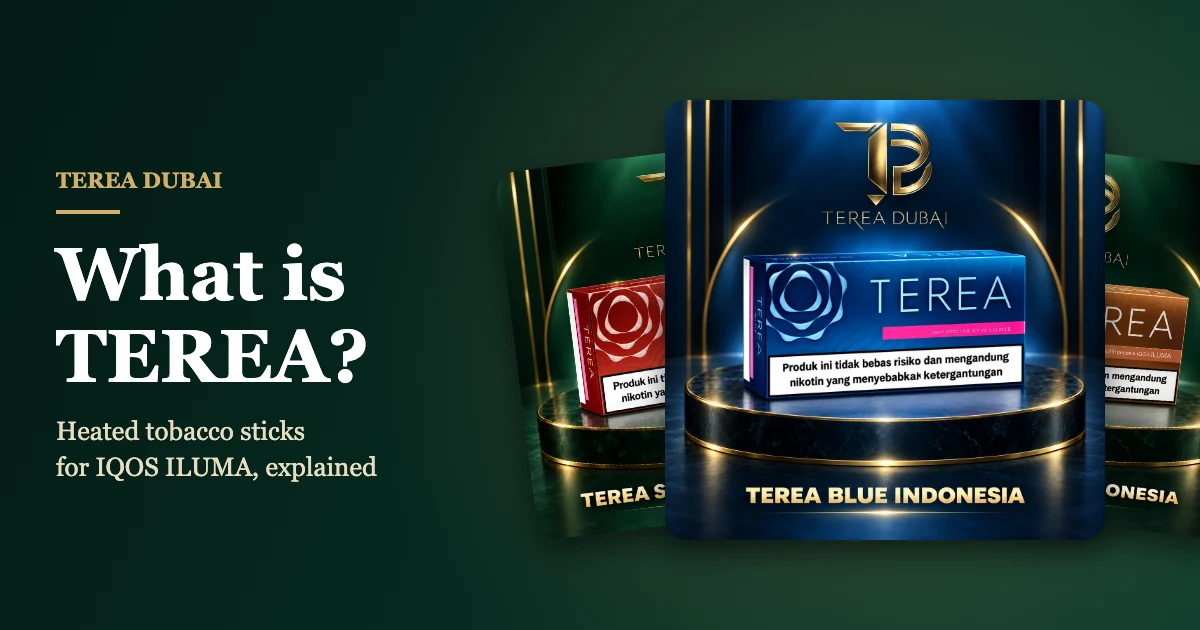 Packs of TEREA Sienna, Blue and Bronze Indonesia heated tobacco sticks for IQOS ILUMA, shown with the title What is TEREA